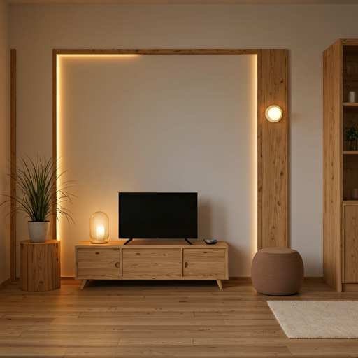 Cozy modern living room with wooden accents and warm lighting