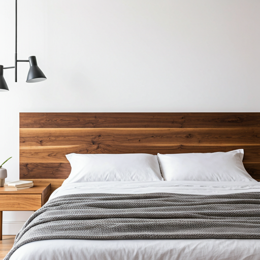 Minimalist bedroom with walnut headboard