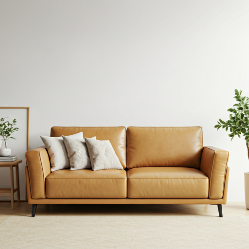 Bright airy living room with tan leather sofa