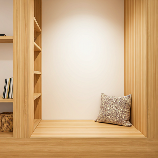 Cozy reading nook with wooden bookshelves